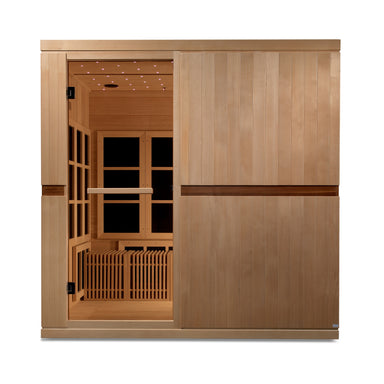 Wooden sauna with sliding door on a white background