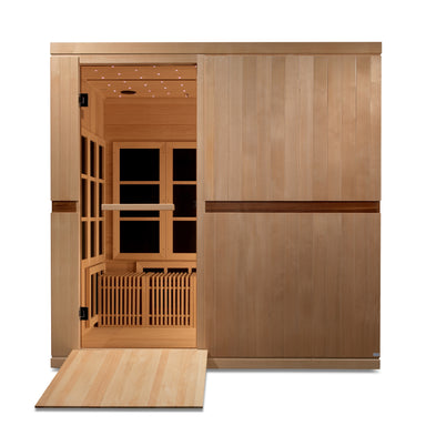 Wooden sauna with open door on a white background