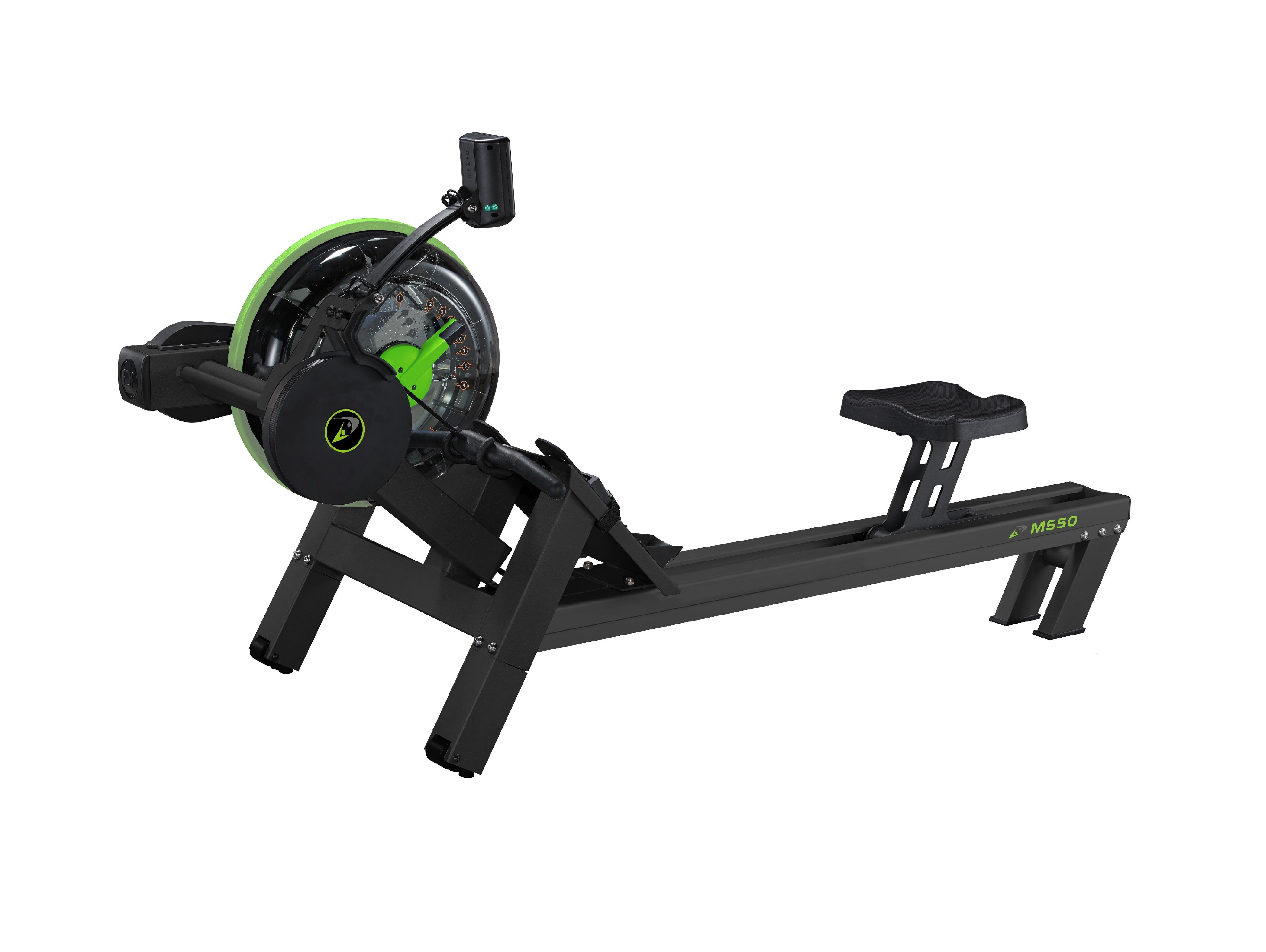 Rowing machine with digital display on a white background