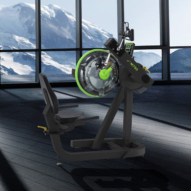 Exercise bike with a large display in a room with a mountain view