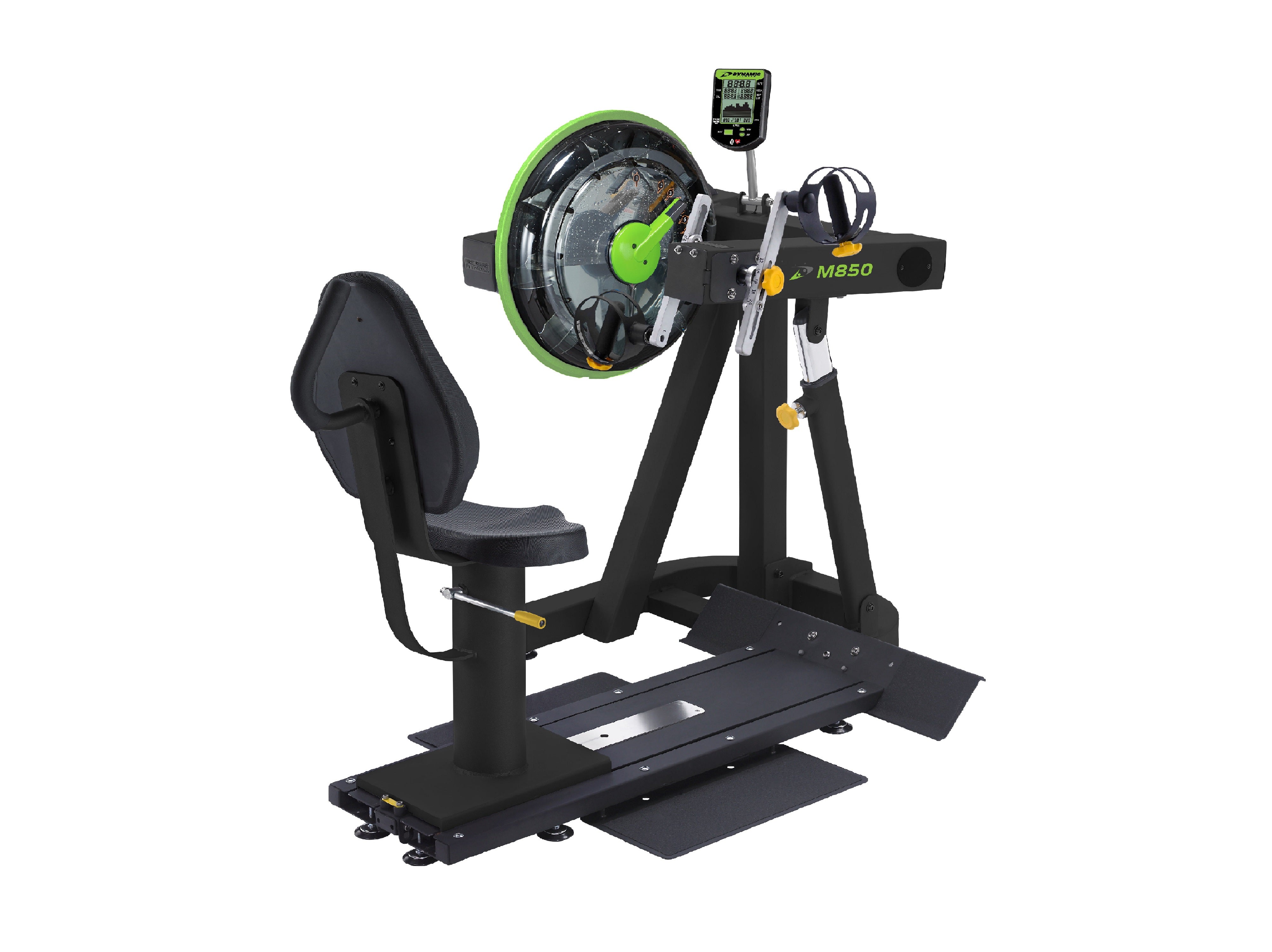 Black and green exercise bike trainer on a white background