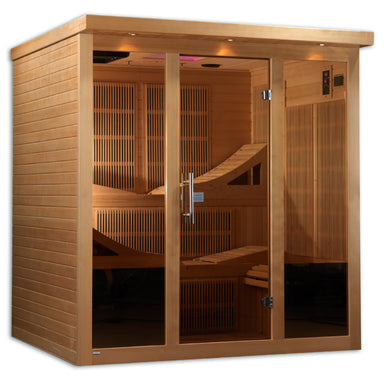 Wooden infrared sauna with glass doors on a white background