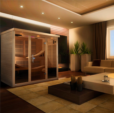 Modern living room with a sauna in the corner