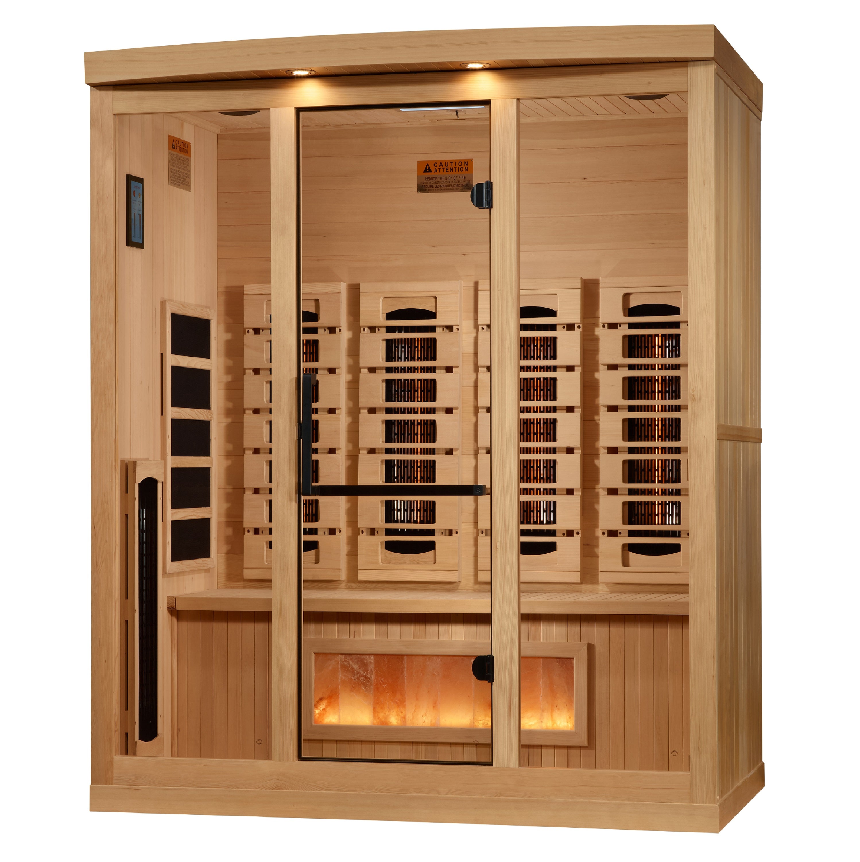 Wooden sauna with interior lights on a white background