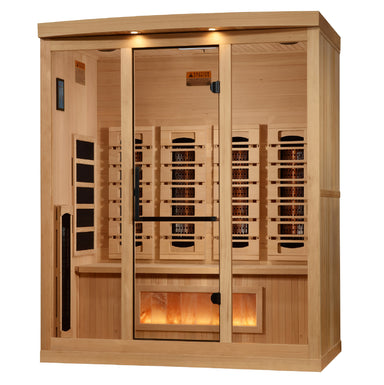 Wooden sauna with interior lights on a white background