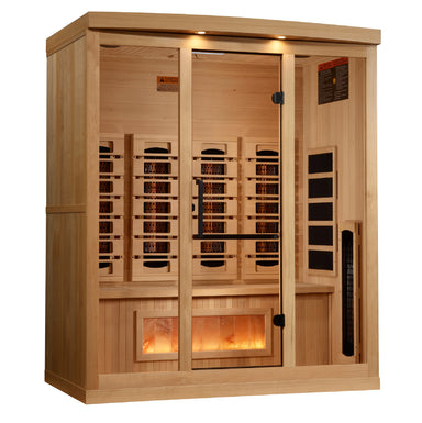 Wooden sauna with interior lights on a white background