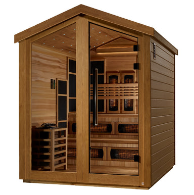 Wooden sauna with interior view on a white background