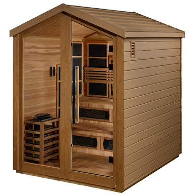 Wooden sauna with interior compartments on a white background