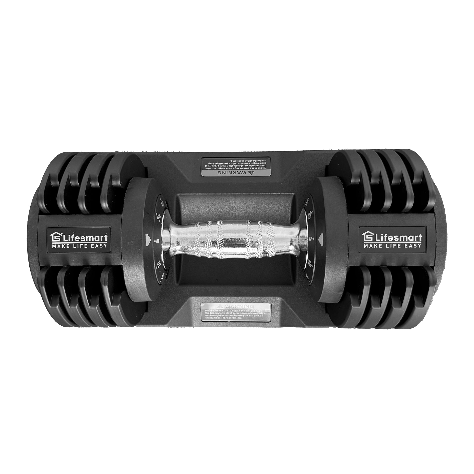 Black adjustable dumbbell on stand with white background