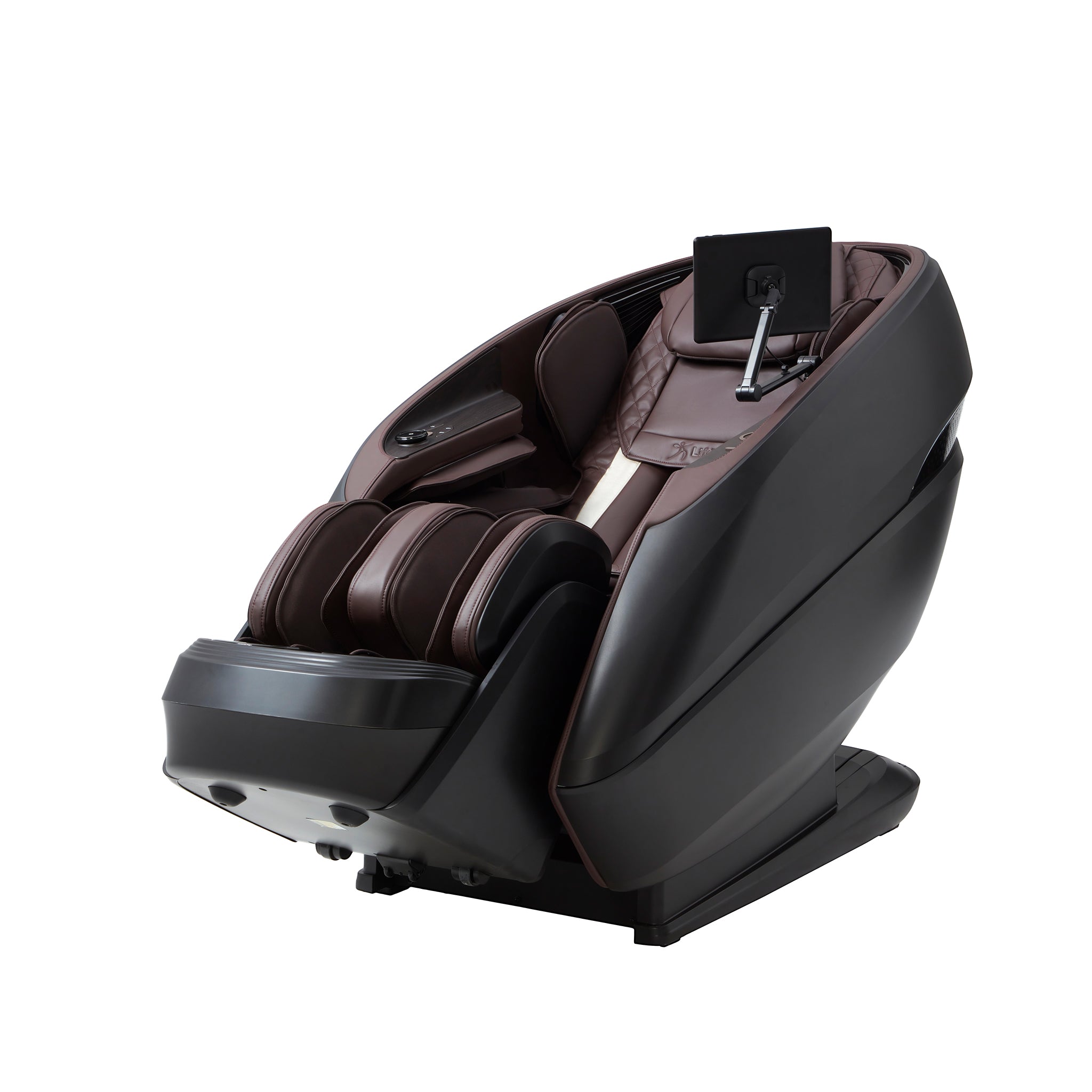 Black massage chair with control panel on a white background