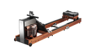 Wooden rowing machine with a black seat on a white background