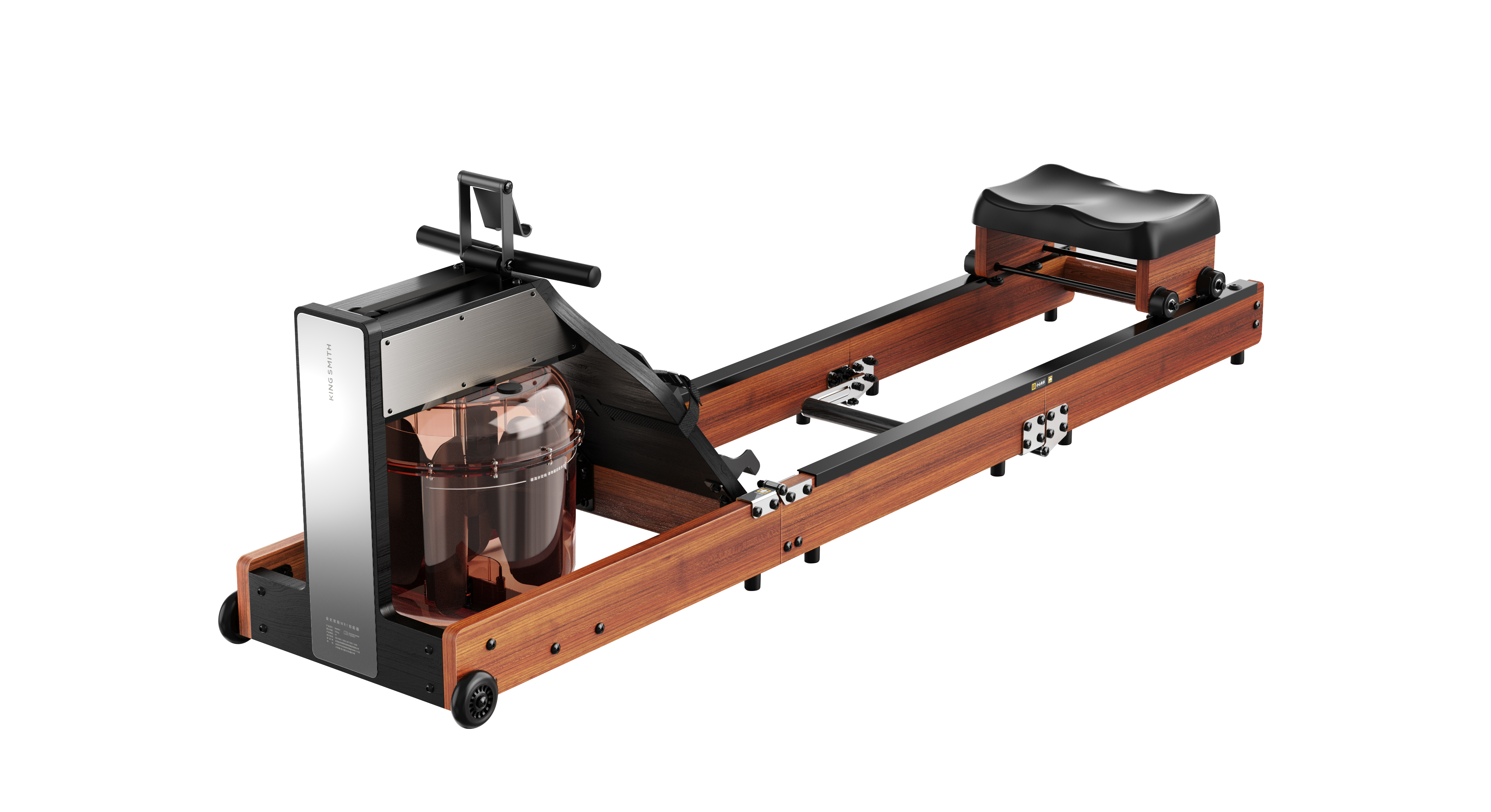 Wooden rowing machine with a black seat on a white background