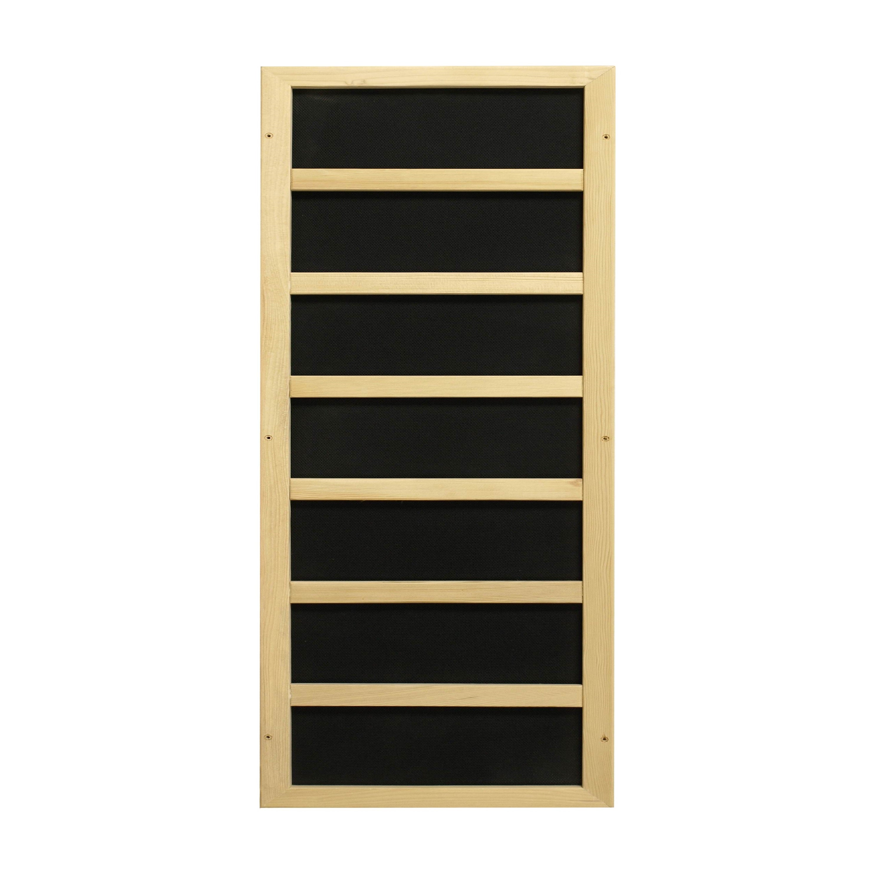 Wooden wall-mounted shelf with black panels on a white background