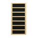Wooden wall-mounted shelf with black panels on a white background