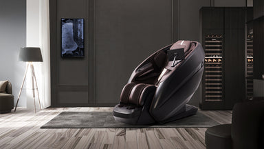 Modern massage chair in a room with a television and shelves.