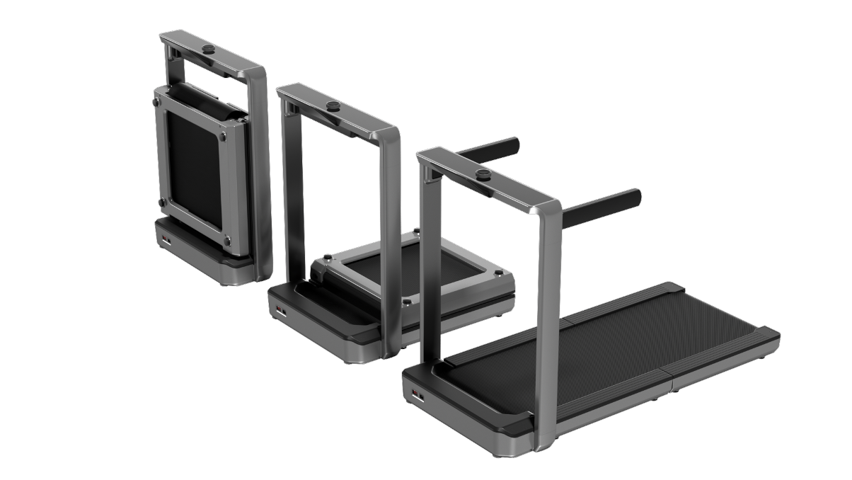 Black treadmills in various folding positions on a white background