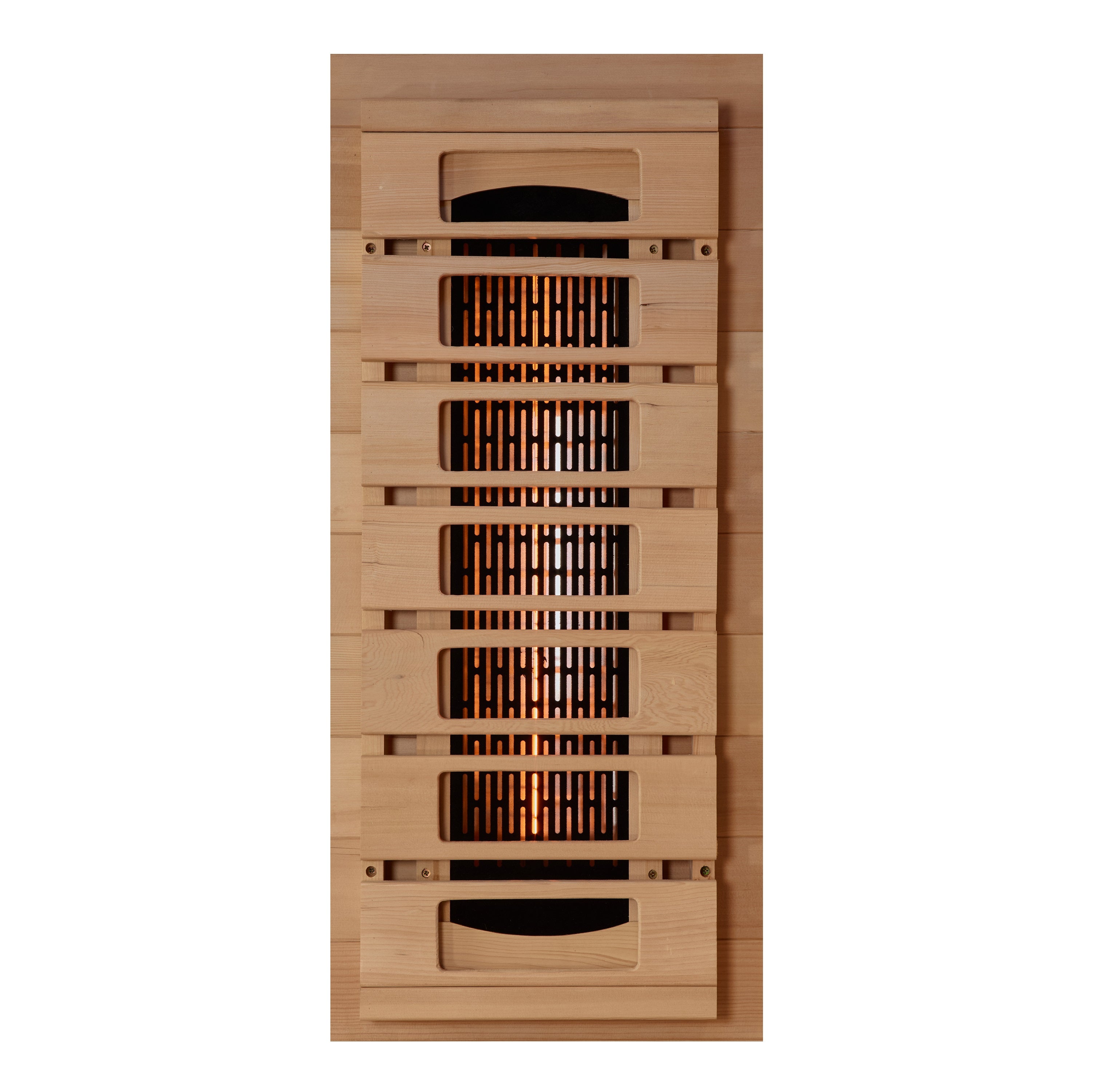 Wooden sauna with multiple heating elements on a white background