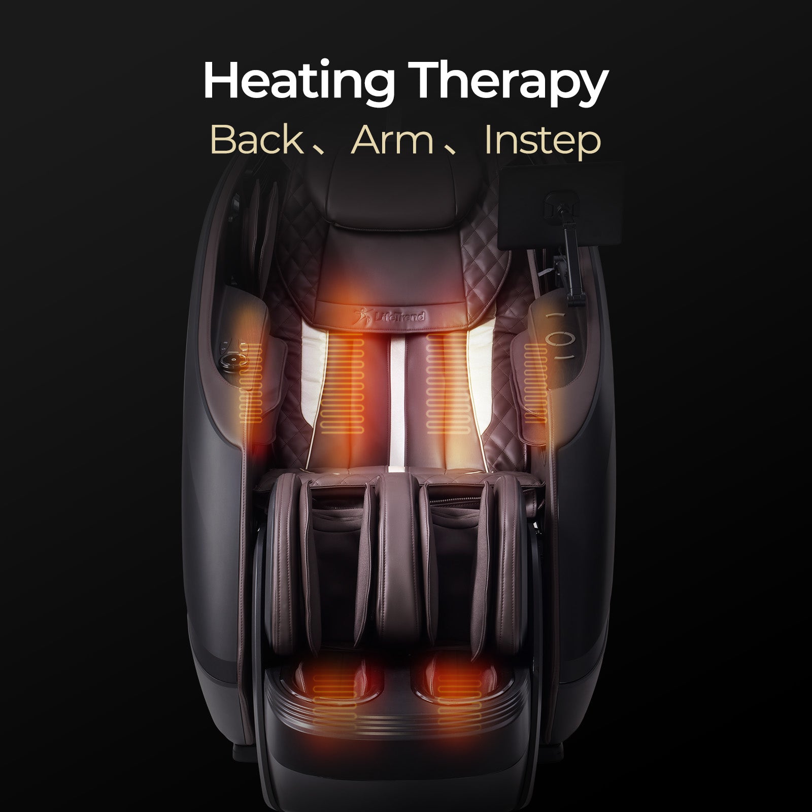 Massage chair with heating therapy for back, arm, and instep on a black background