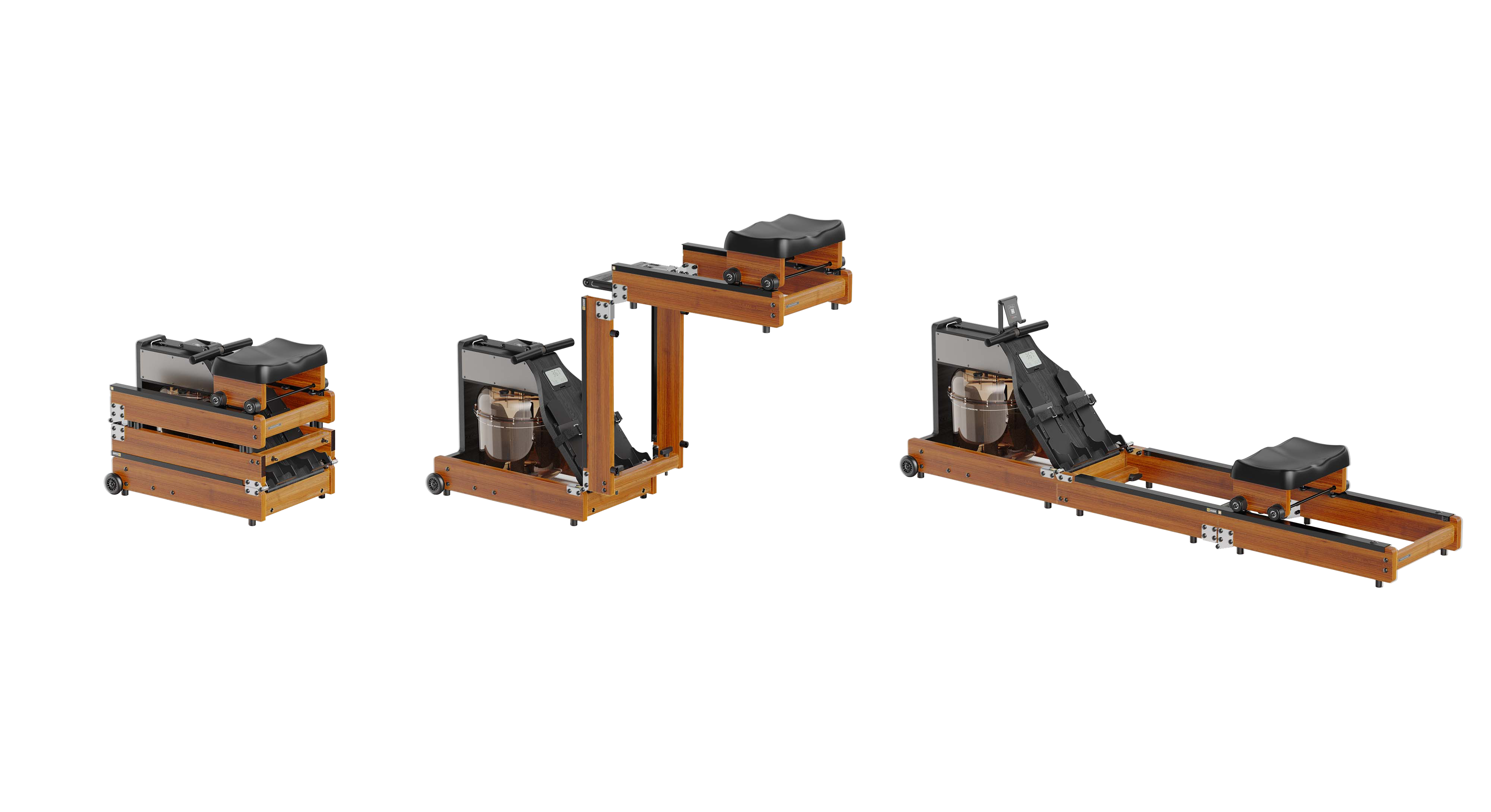 Stages of folding water rower in order with white background