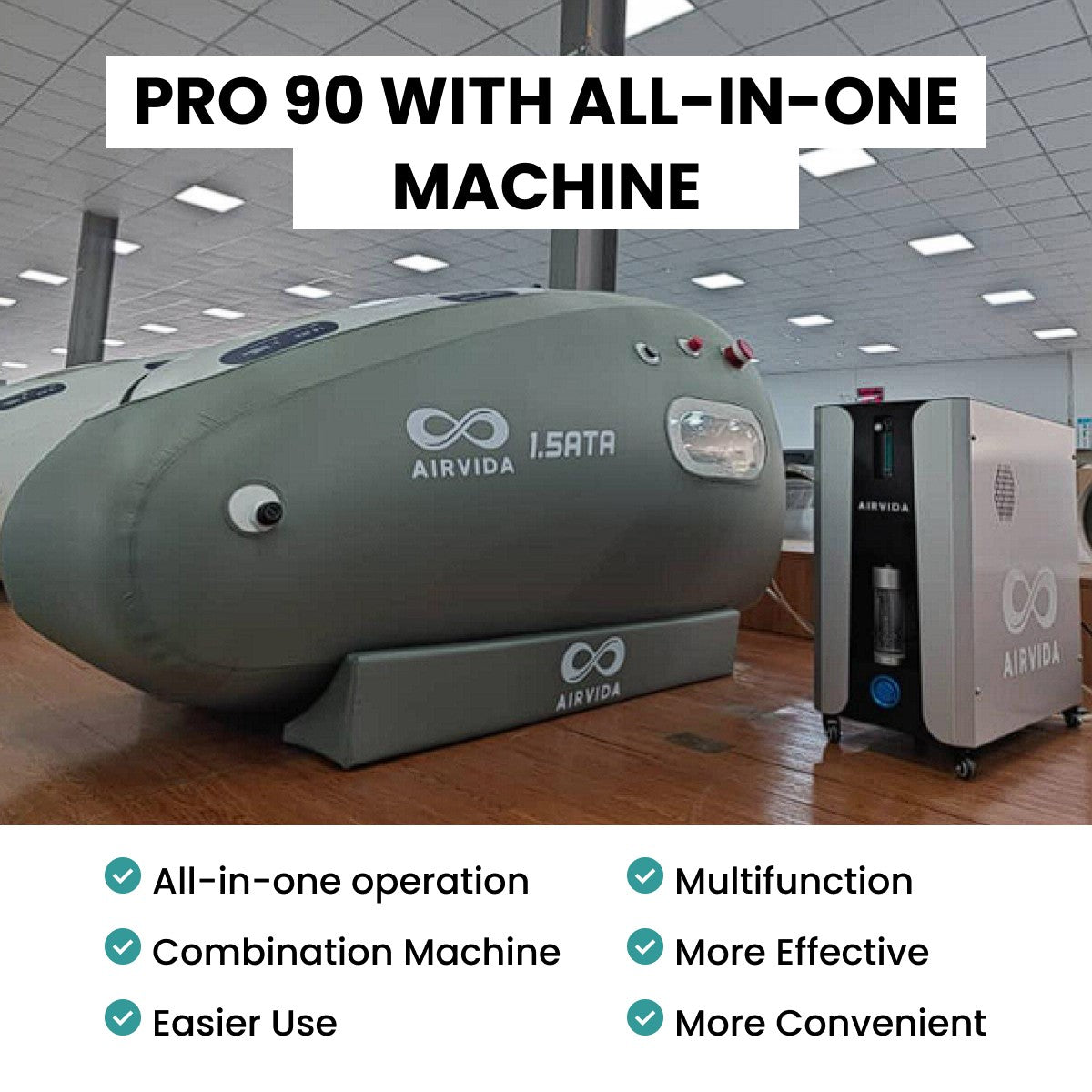 AIRVIDA machine with text highlighting features and benefits in a showroom setting