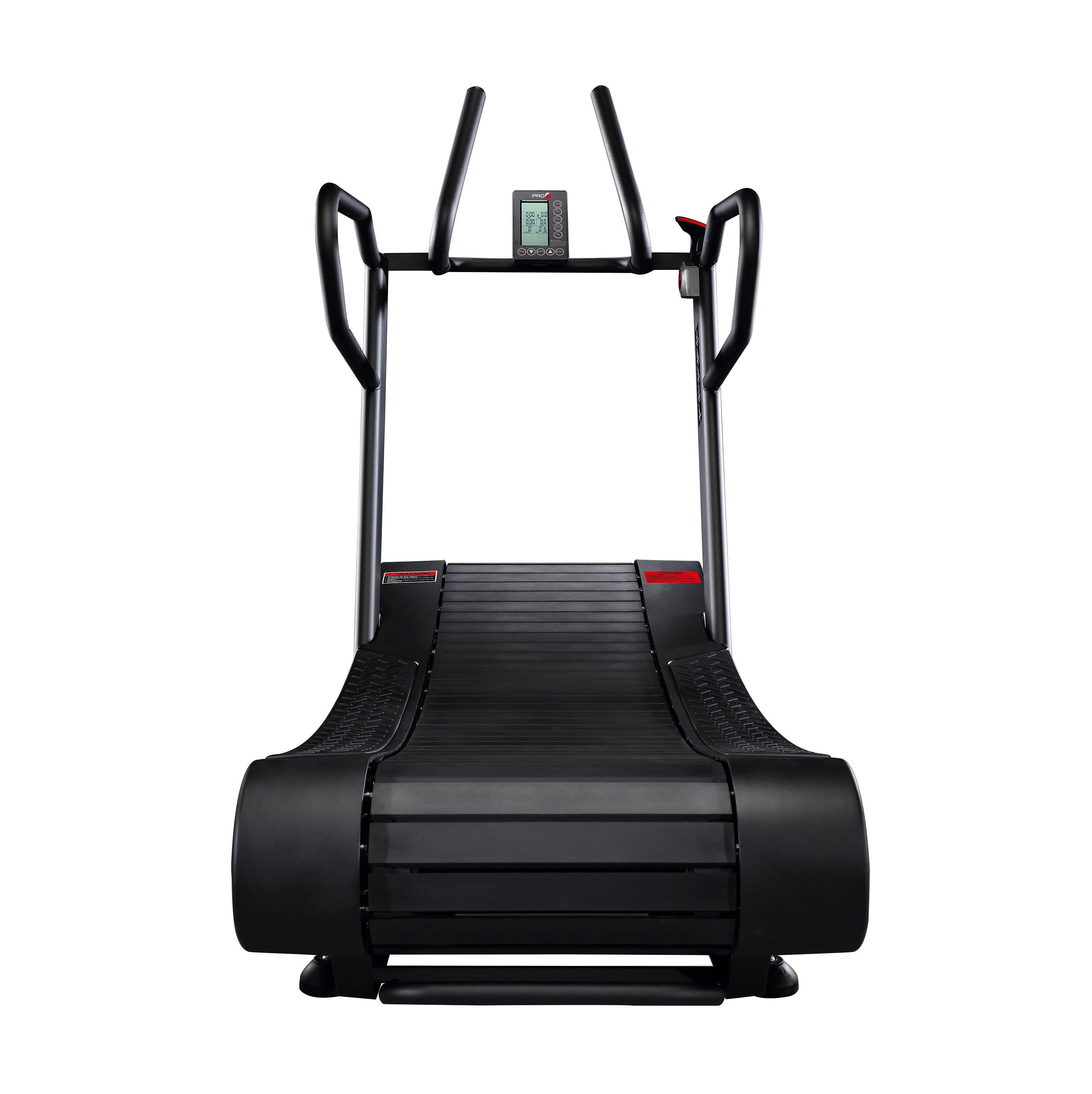 Black treadmill with digital display on a white background