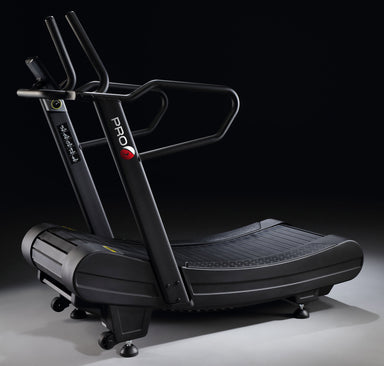 Black treadmill with 'PRO' branding on a black background