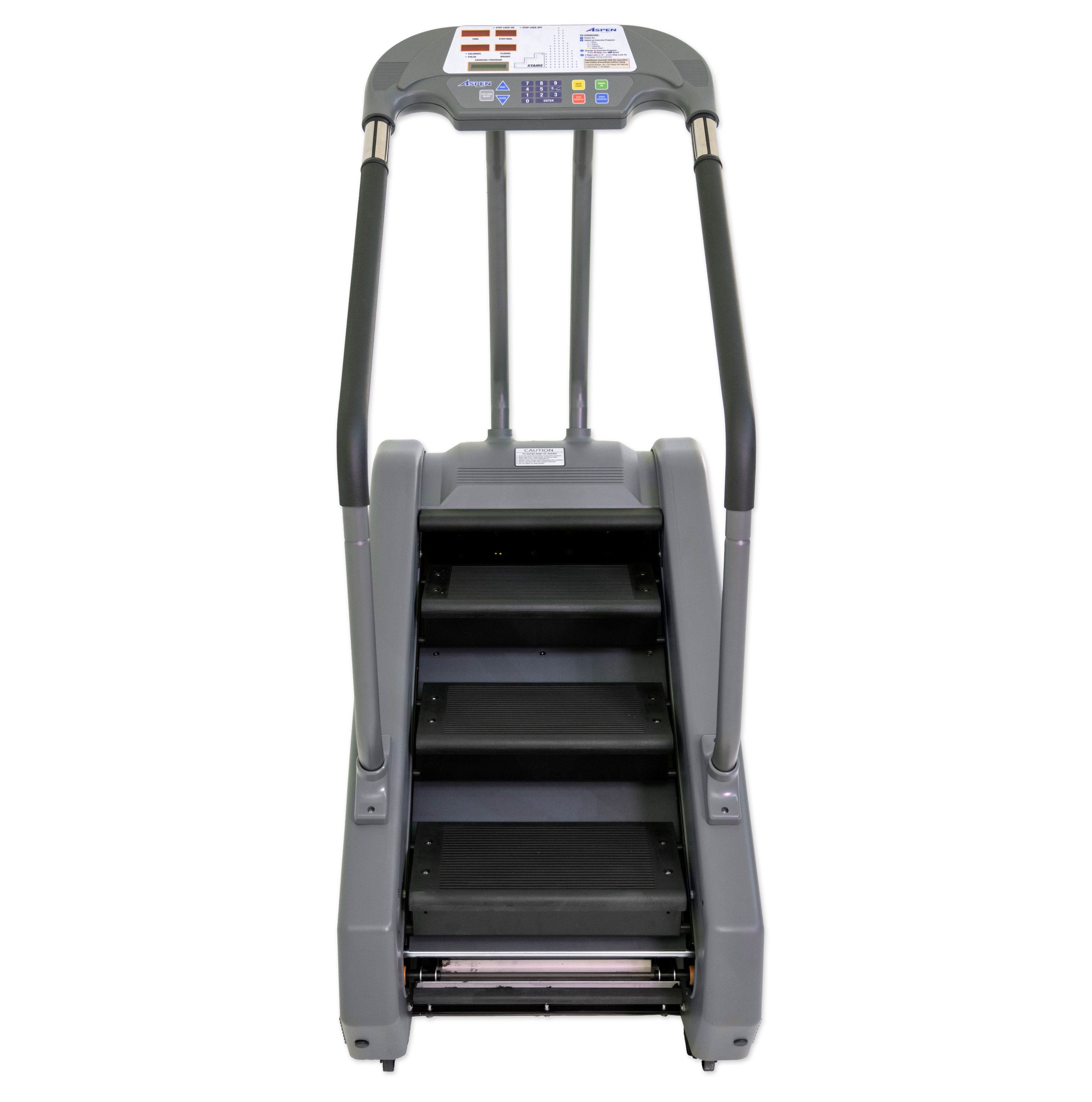 Gray step ladder with wheels on a white background