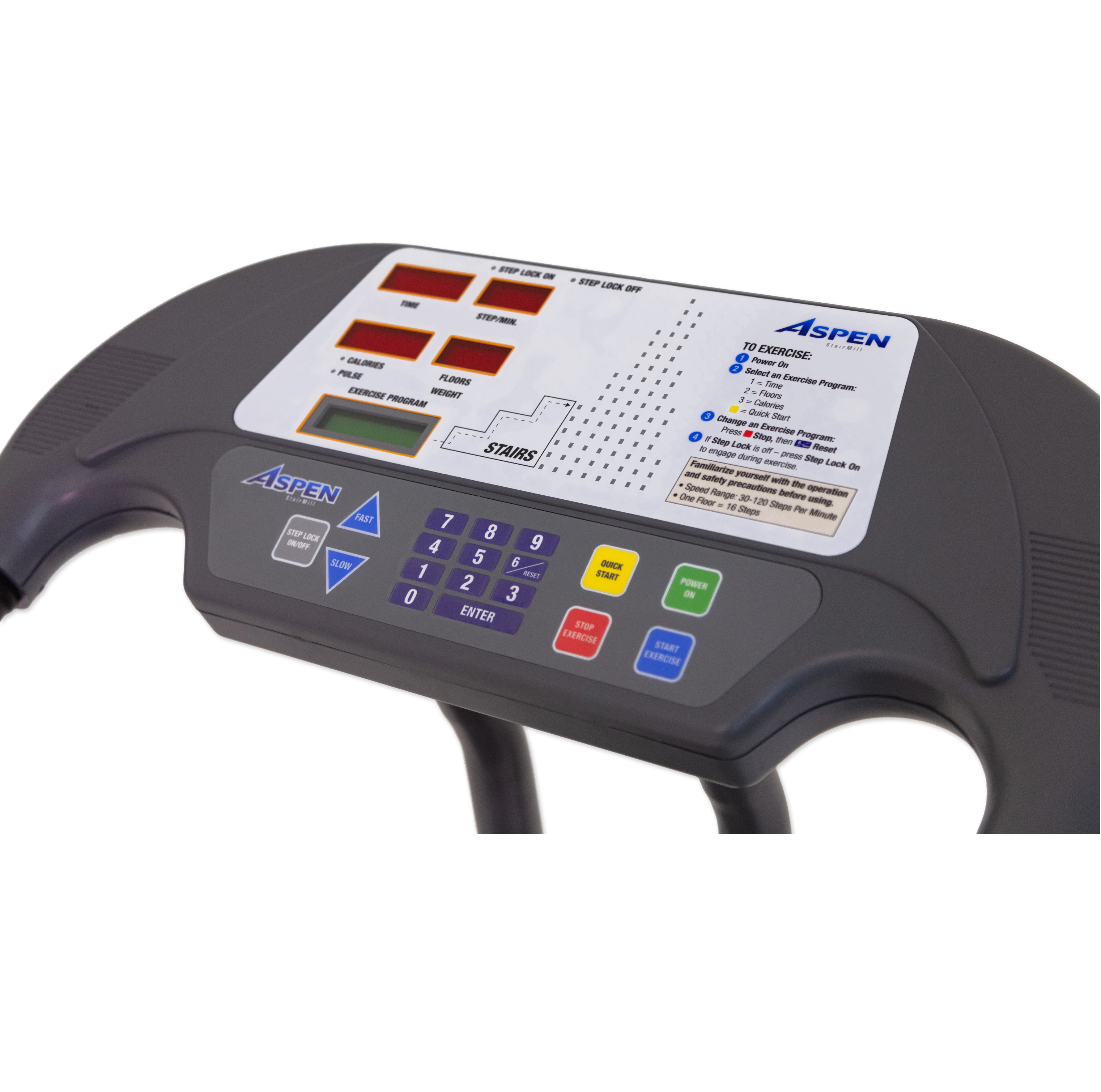 Control panel of a treadmill with Aspen branding on a white background
