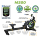 Rowing machine with features highlighted on a white background