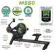 Rowing machine with features highlighted on a white background