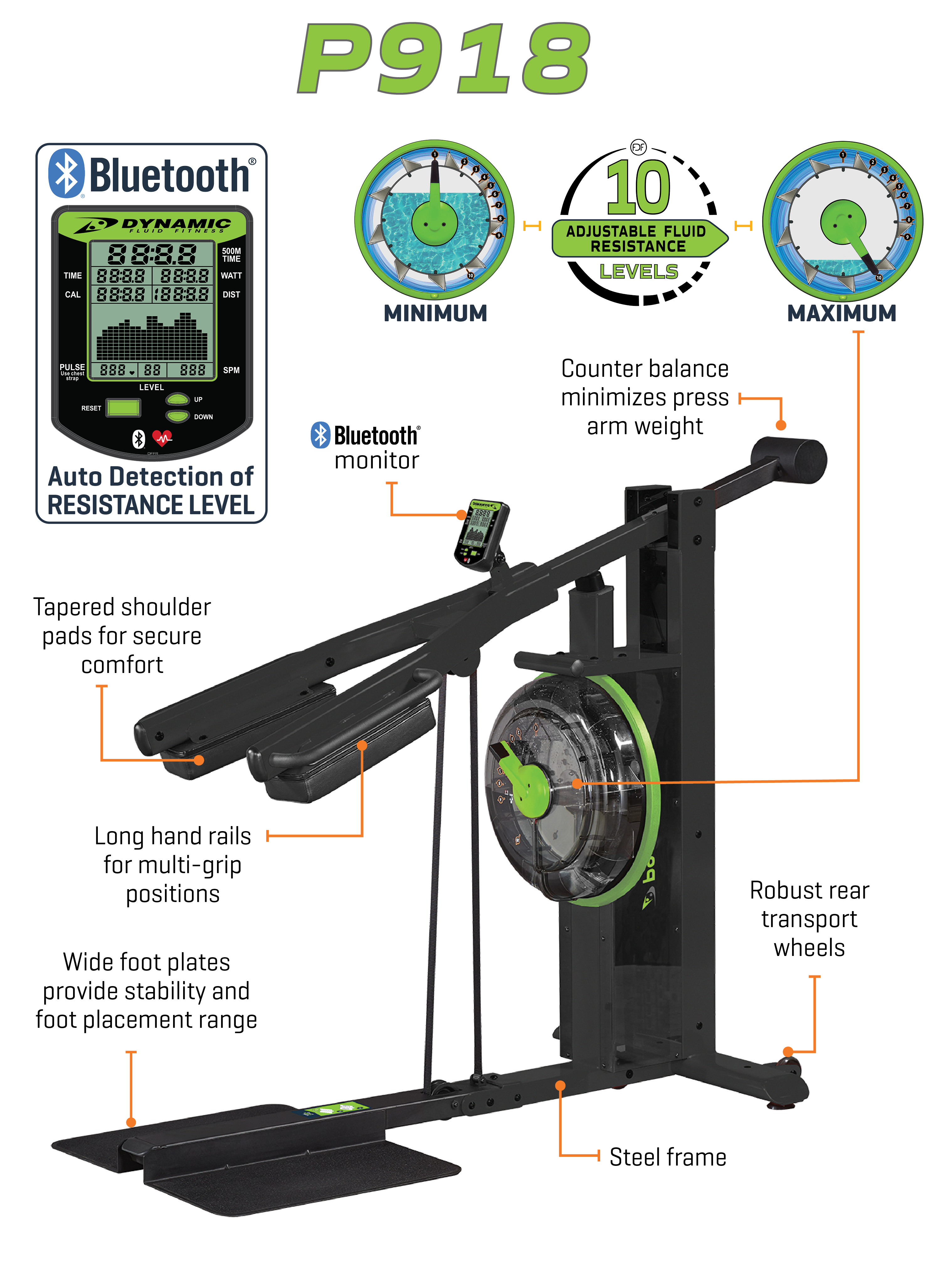 Fitness equipment with features highlighted, including Bluetooth monitor and adjustable resistance levels.
