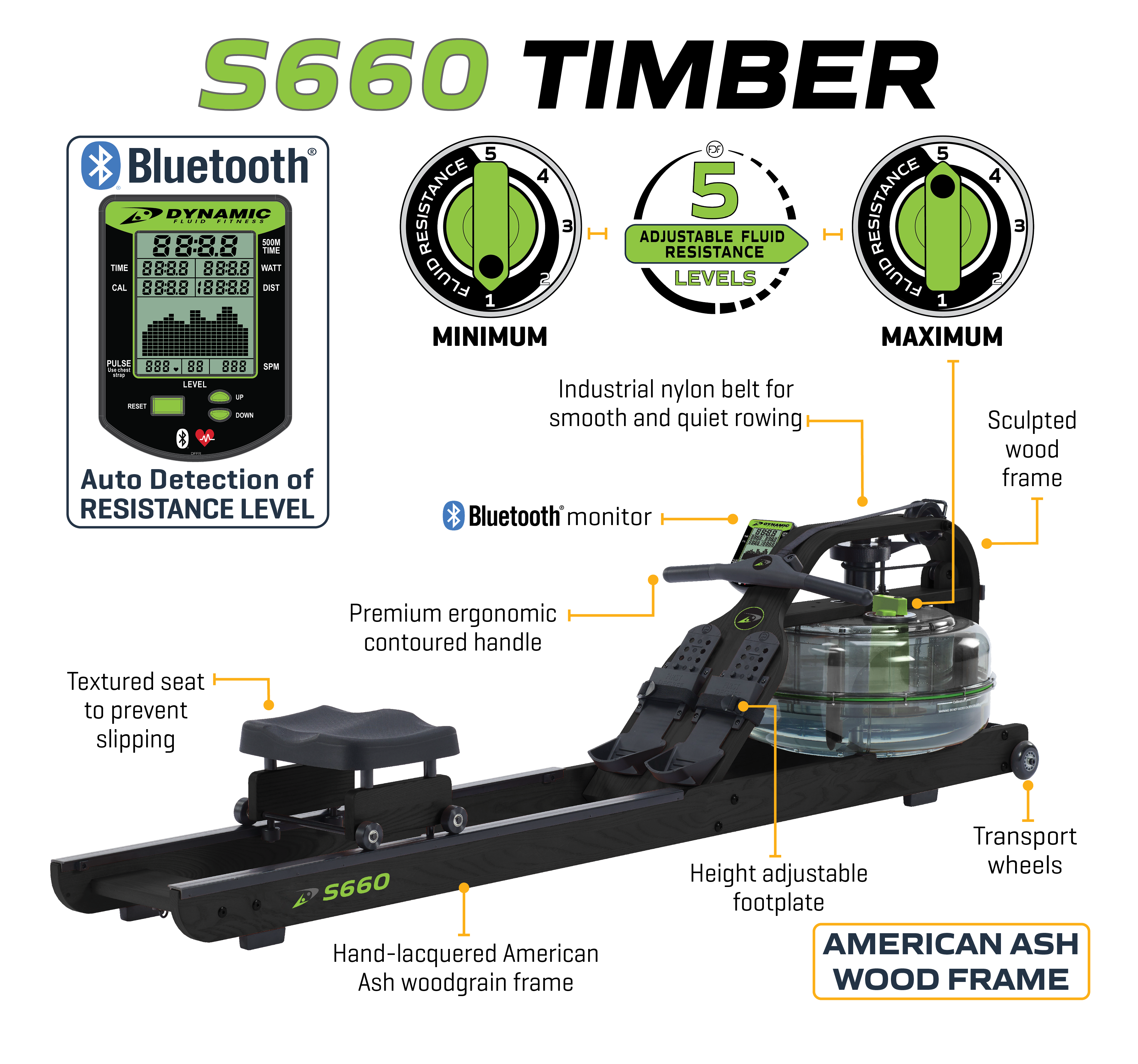 S660 Timber rowing machine with features highlighted on a white background
