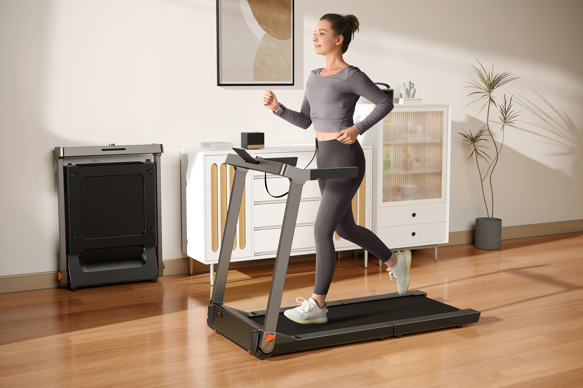 Woman running on a treadmill in a home setting