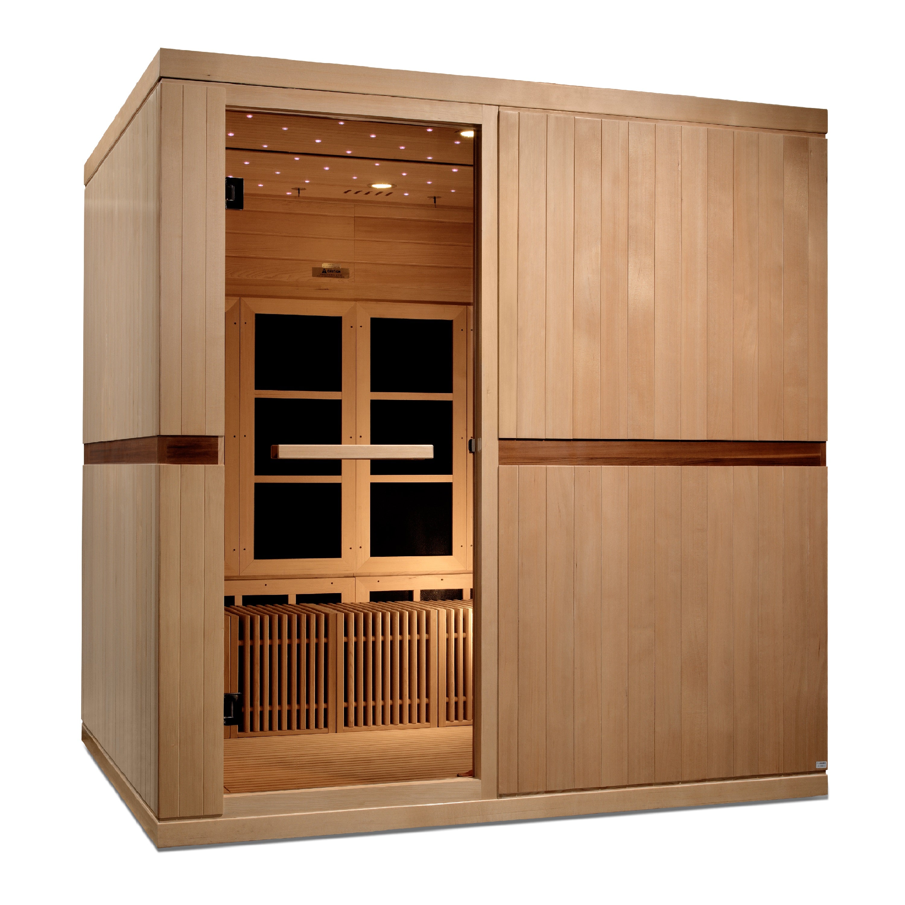 Wooden sauna with open door on a white background