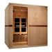 Wooden sauna with open door on a white background