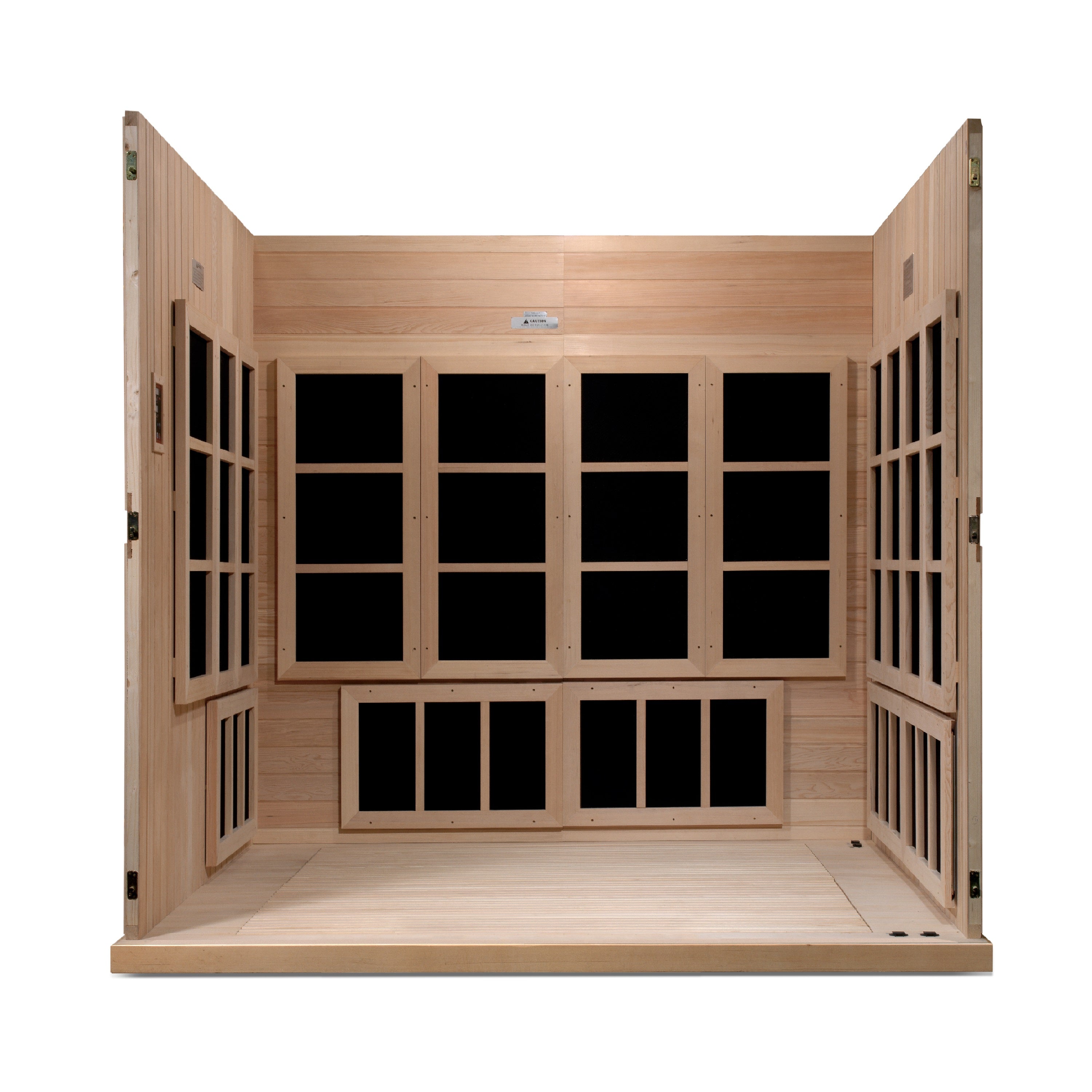 Wooden sauna with glass panels on a white background