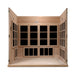 Wooden sauna with glass panels on a white background