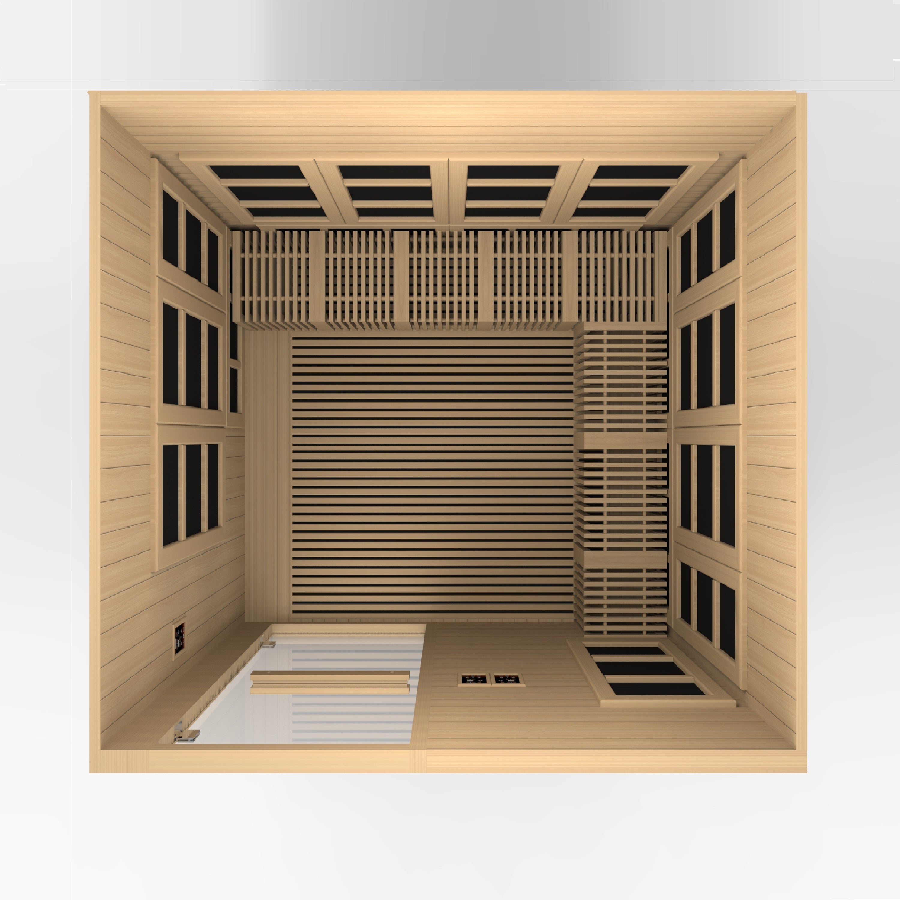 Wooden sauna interior with slatted design on a white background