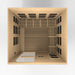 Wooden sauna interior with slatted design on a white background