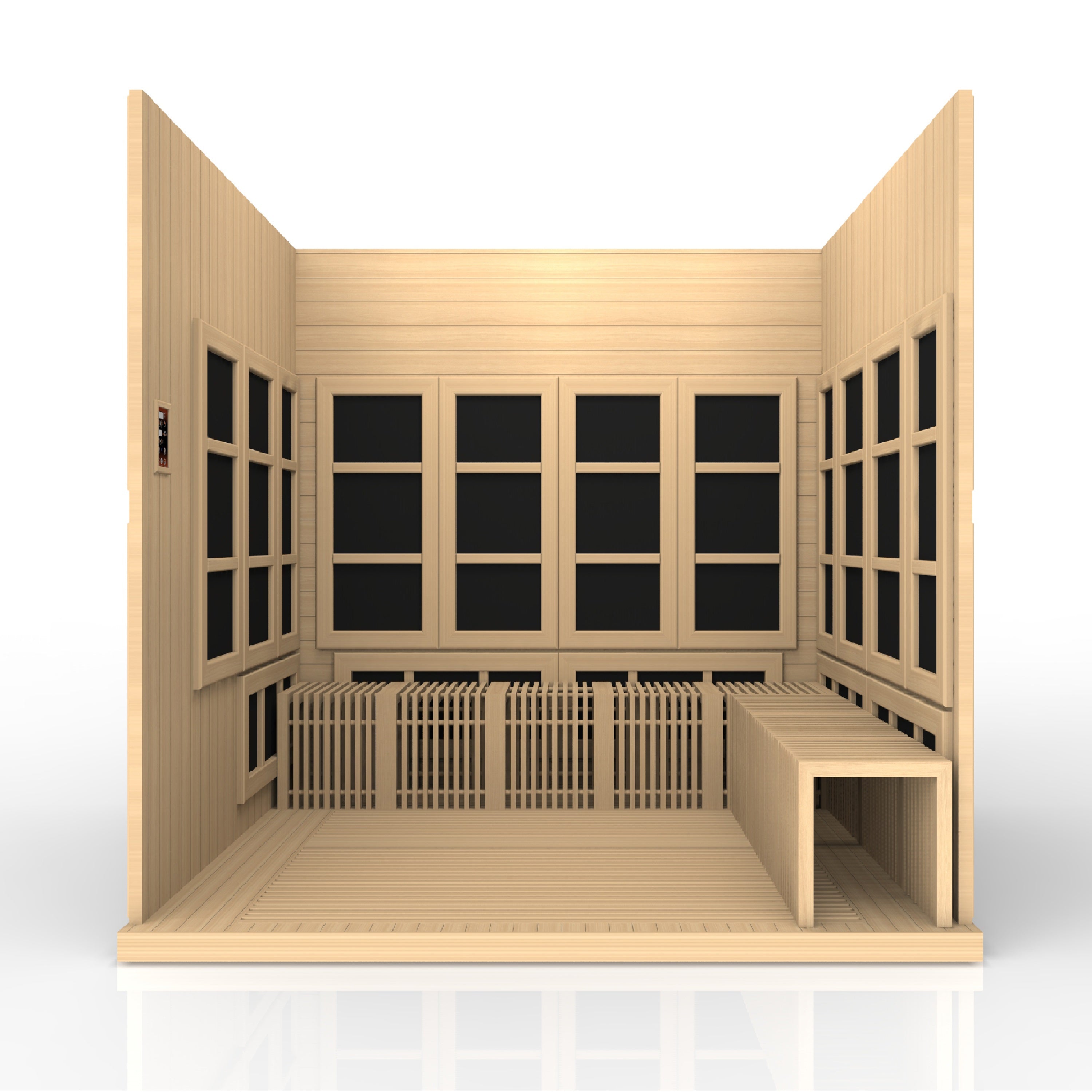 Wooden sauna with benches and windows on a white background