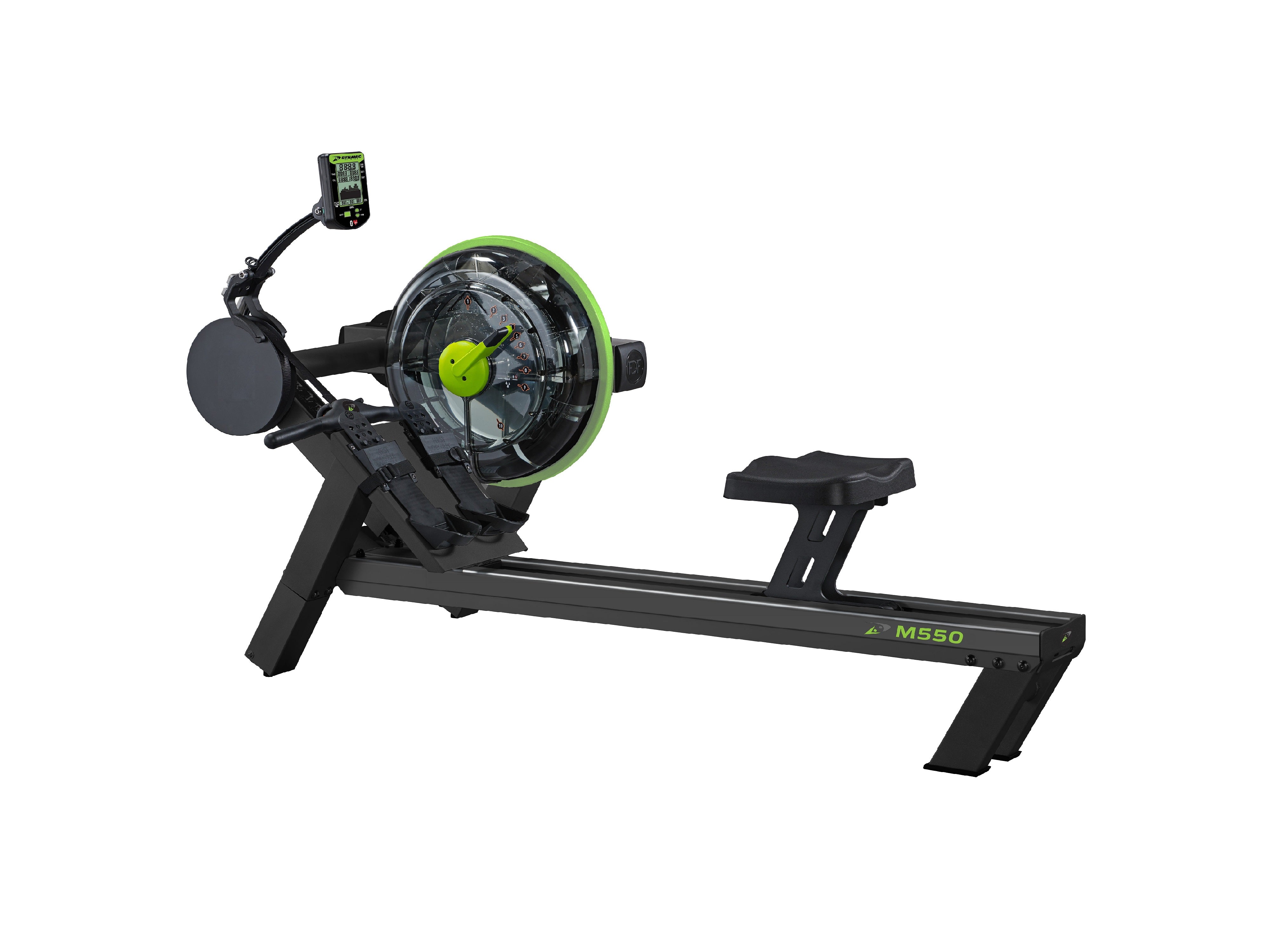 Rowing machine with digital display on a white background