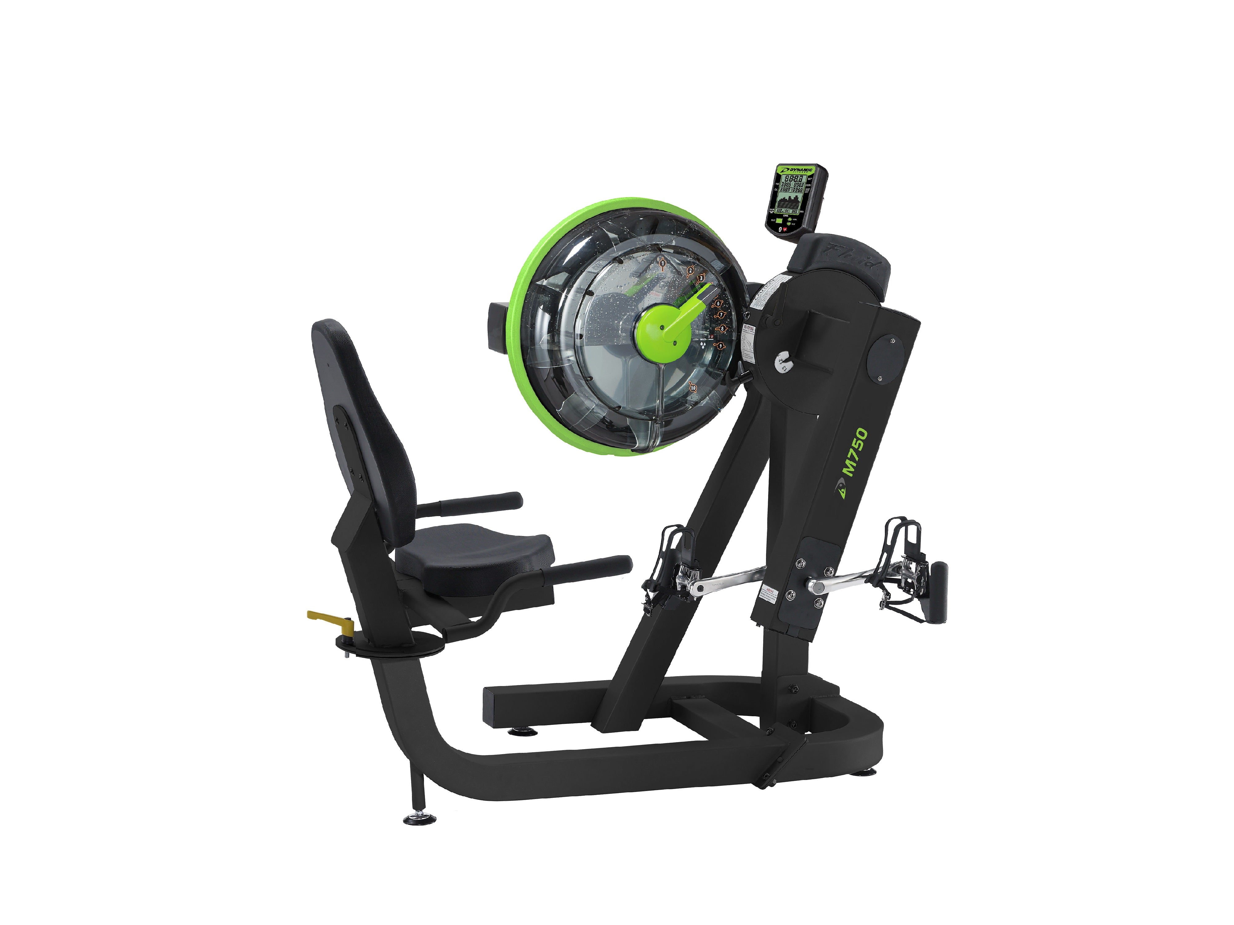 Black and green exercise bike on a white background