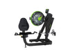 Recumbent exercise bike with digital display on a white background