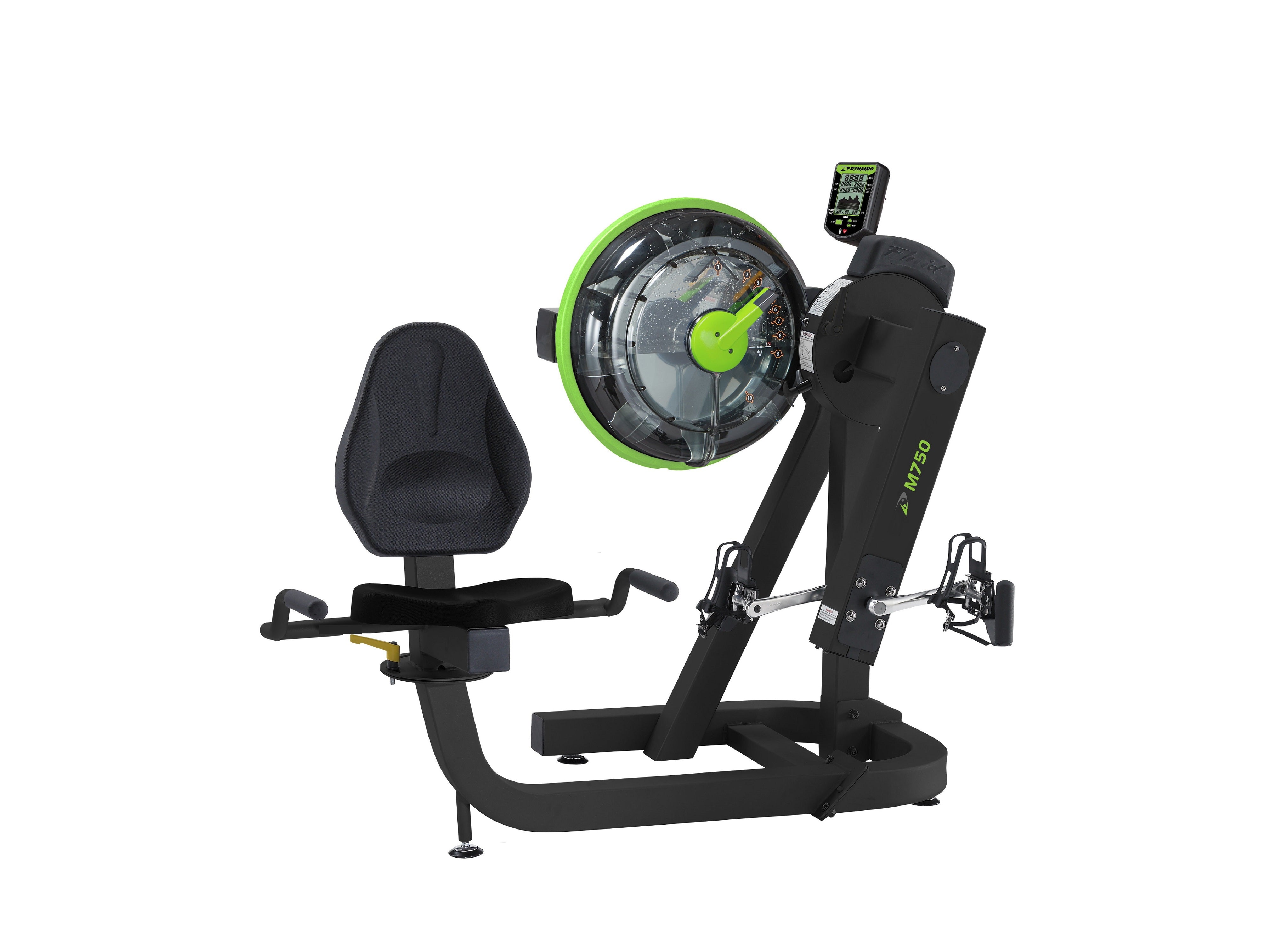 Recumbent exercise bike with digital display on a white background