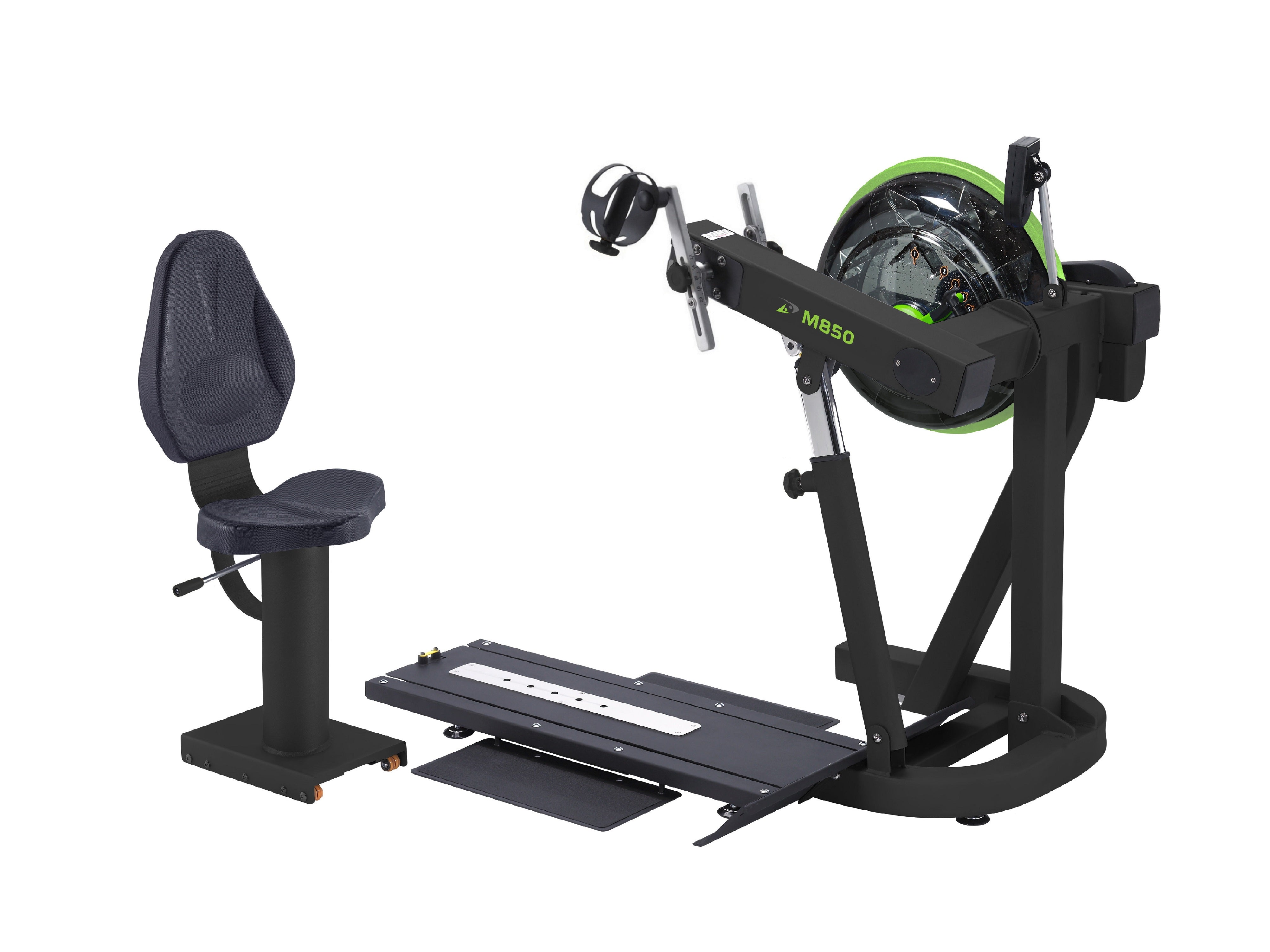 Black exercise bike with a seat and resistance unit on a white background