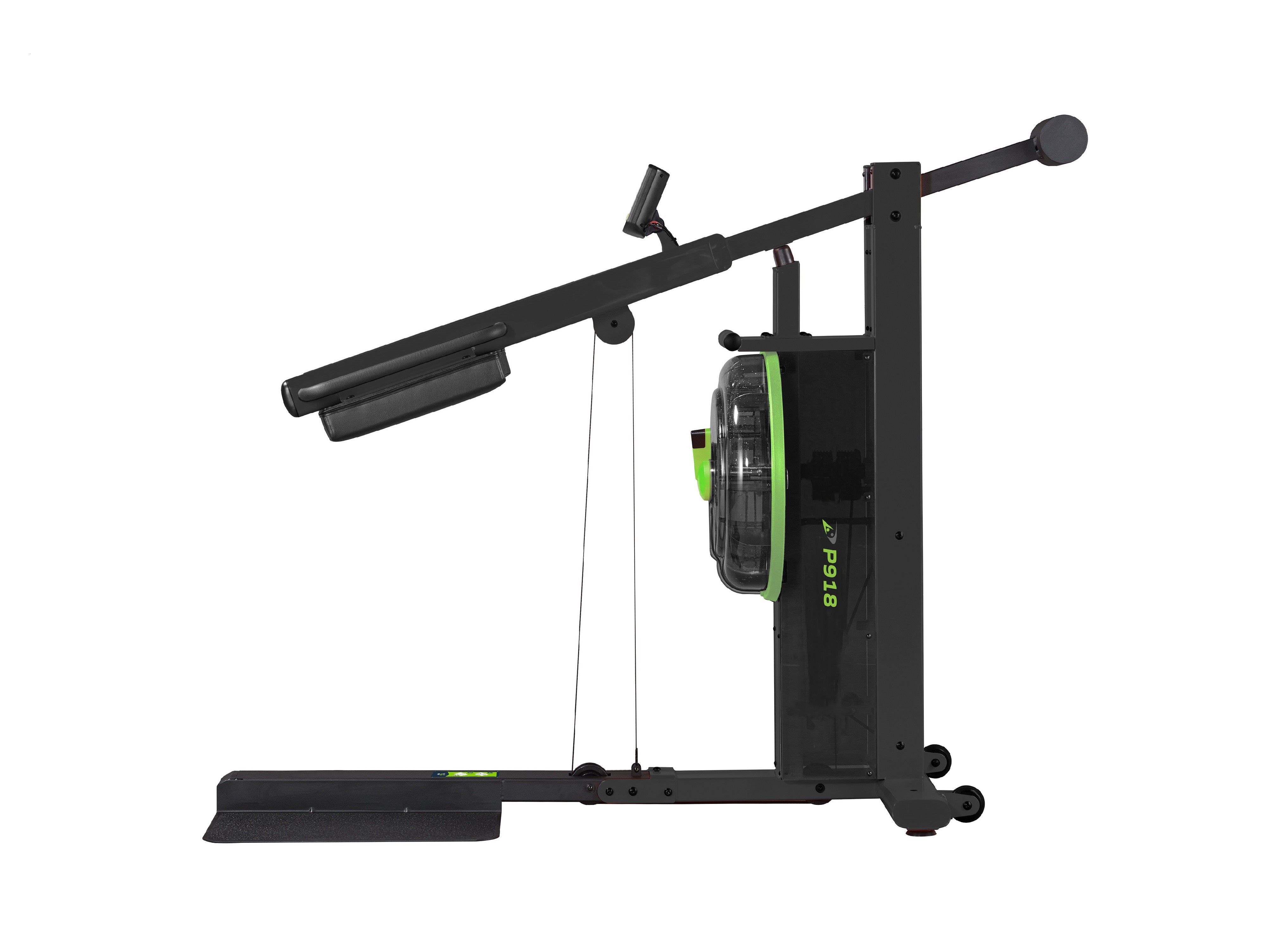 Black and green fluid fitness machine with white background