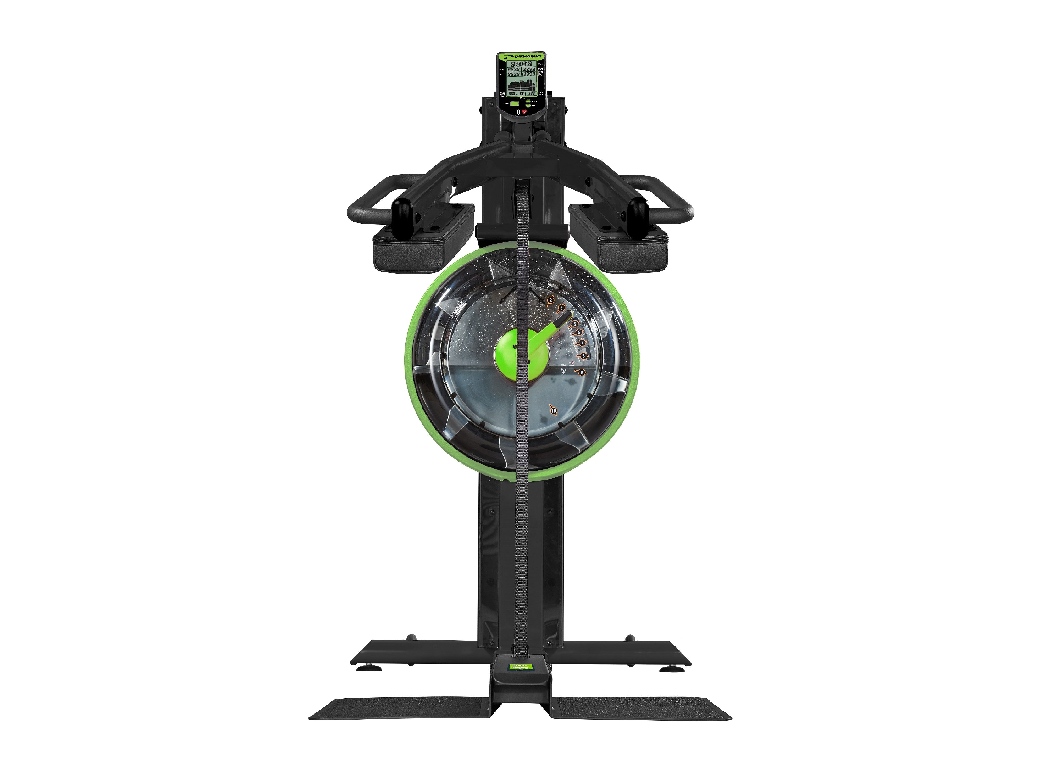 Black and green exercise machine with a white background