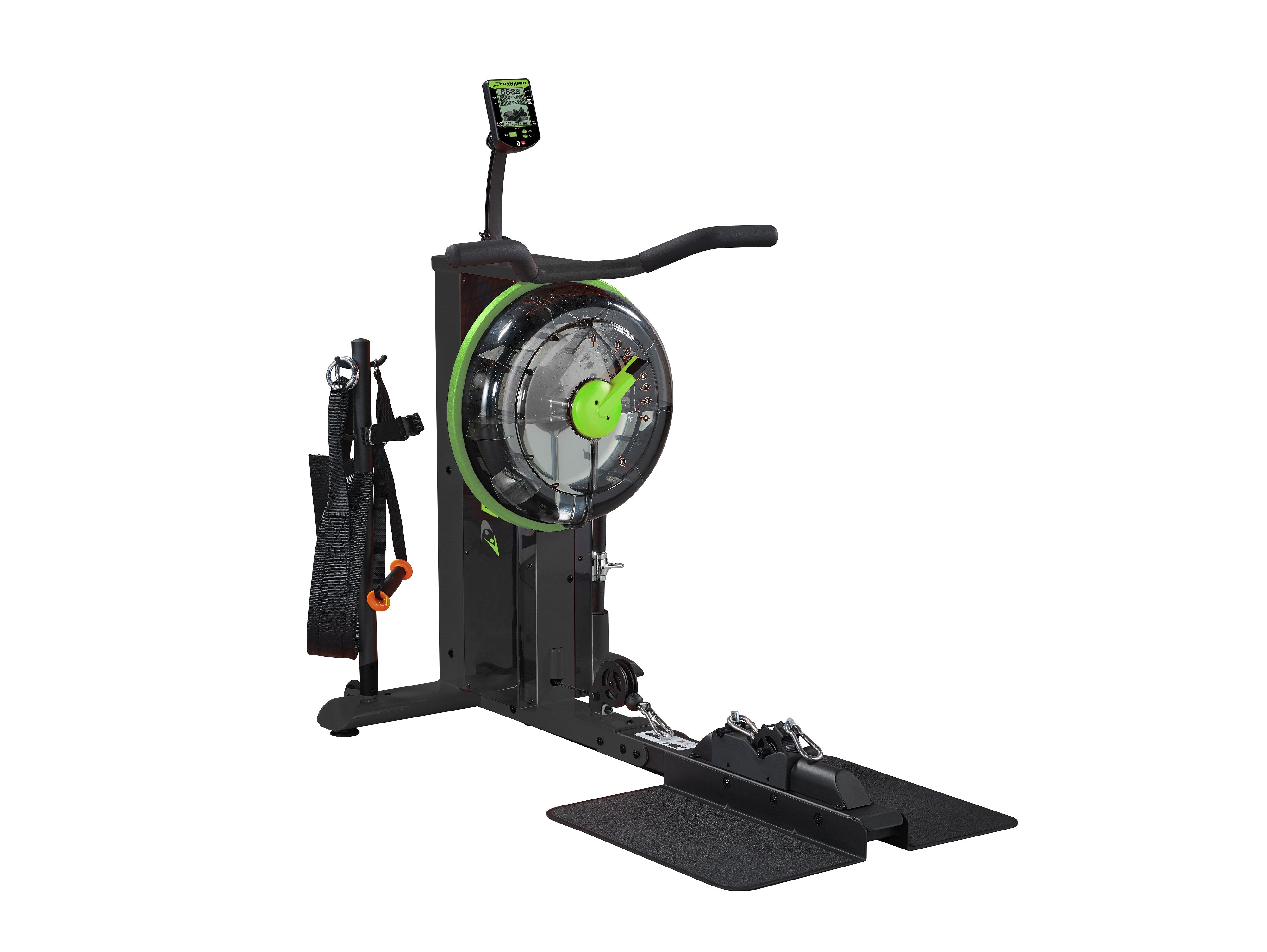 Black and green fluid exercise machine with white background