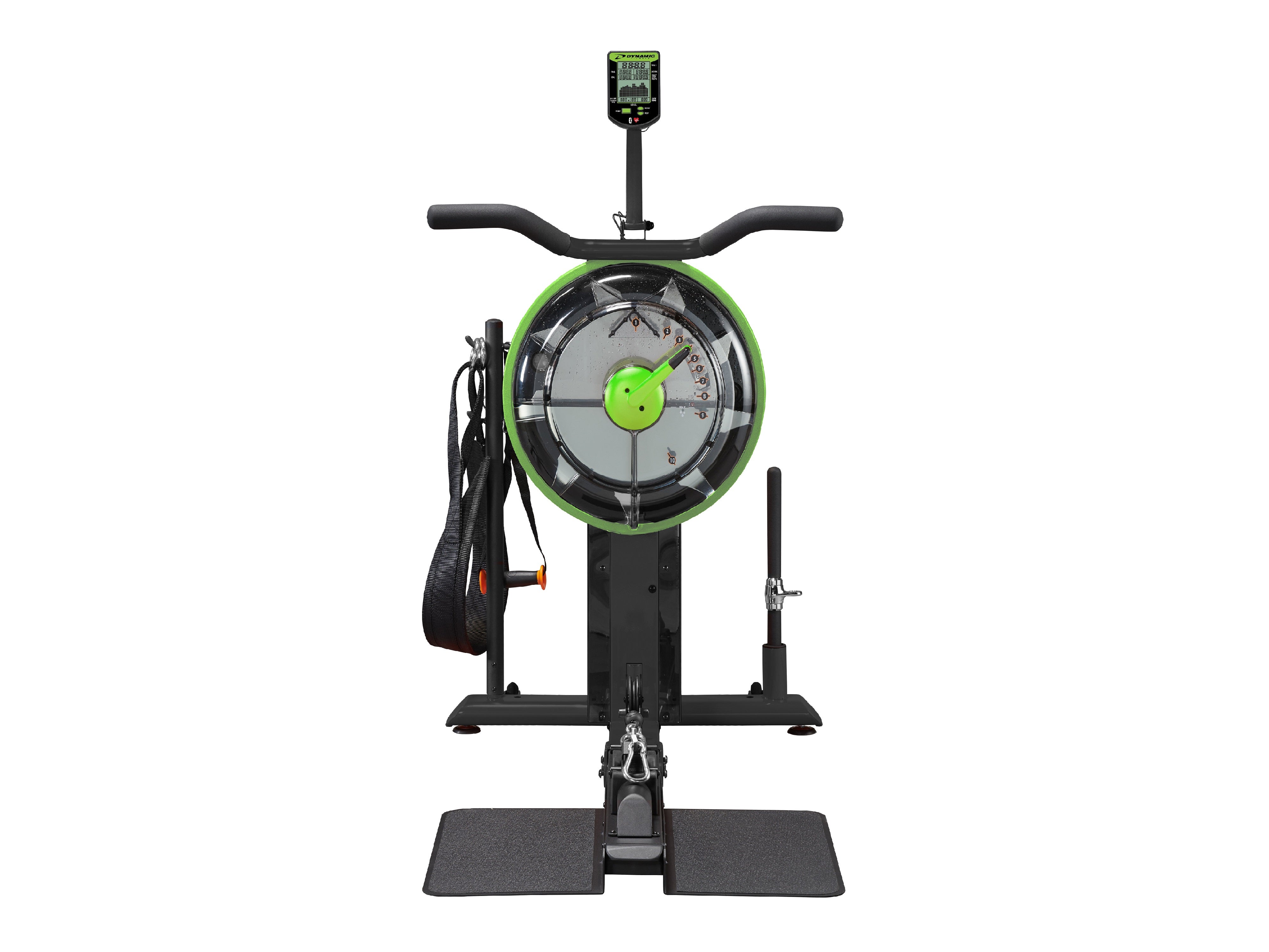 Black and green fluid exercise machine with white background
