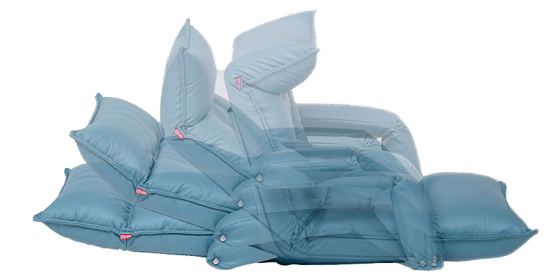 Blue folding chair shown in different folding positions 